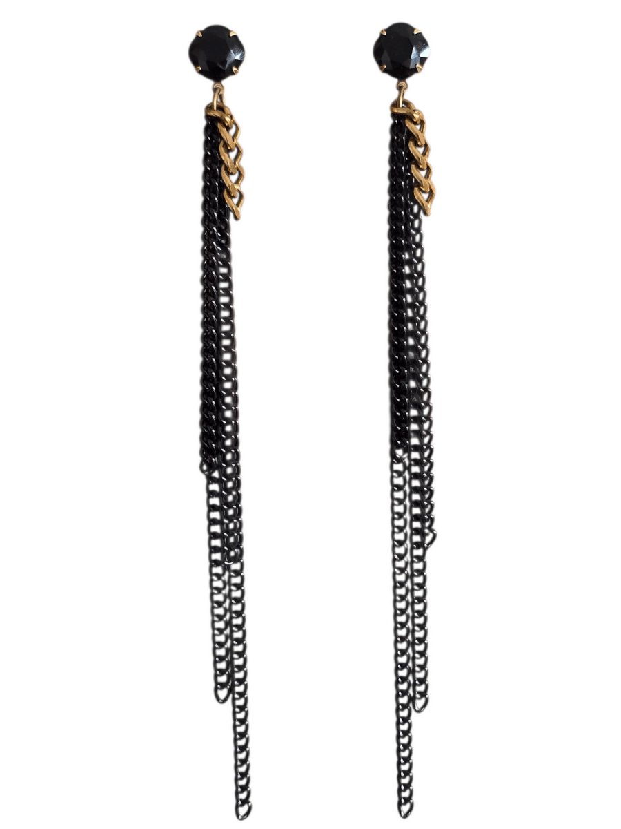 statement long black fringe chain  earrings dangling from jet black crystal stud posts 