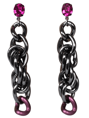 long pendant earrings with twisted rope chain in gunmetal purple and swarovsky studs