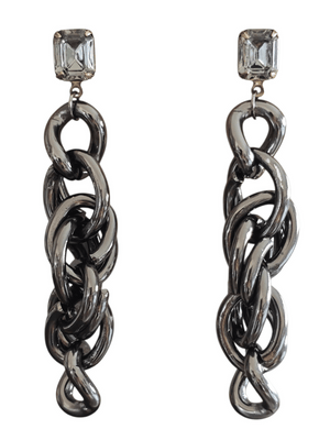 long chunky chain twisted earrings in gunmetal attached to a dark crystal stud post