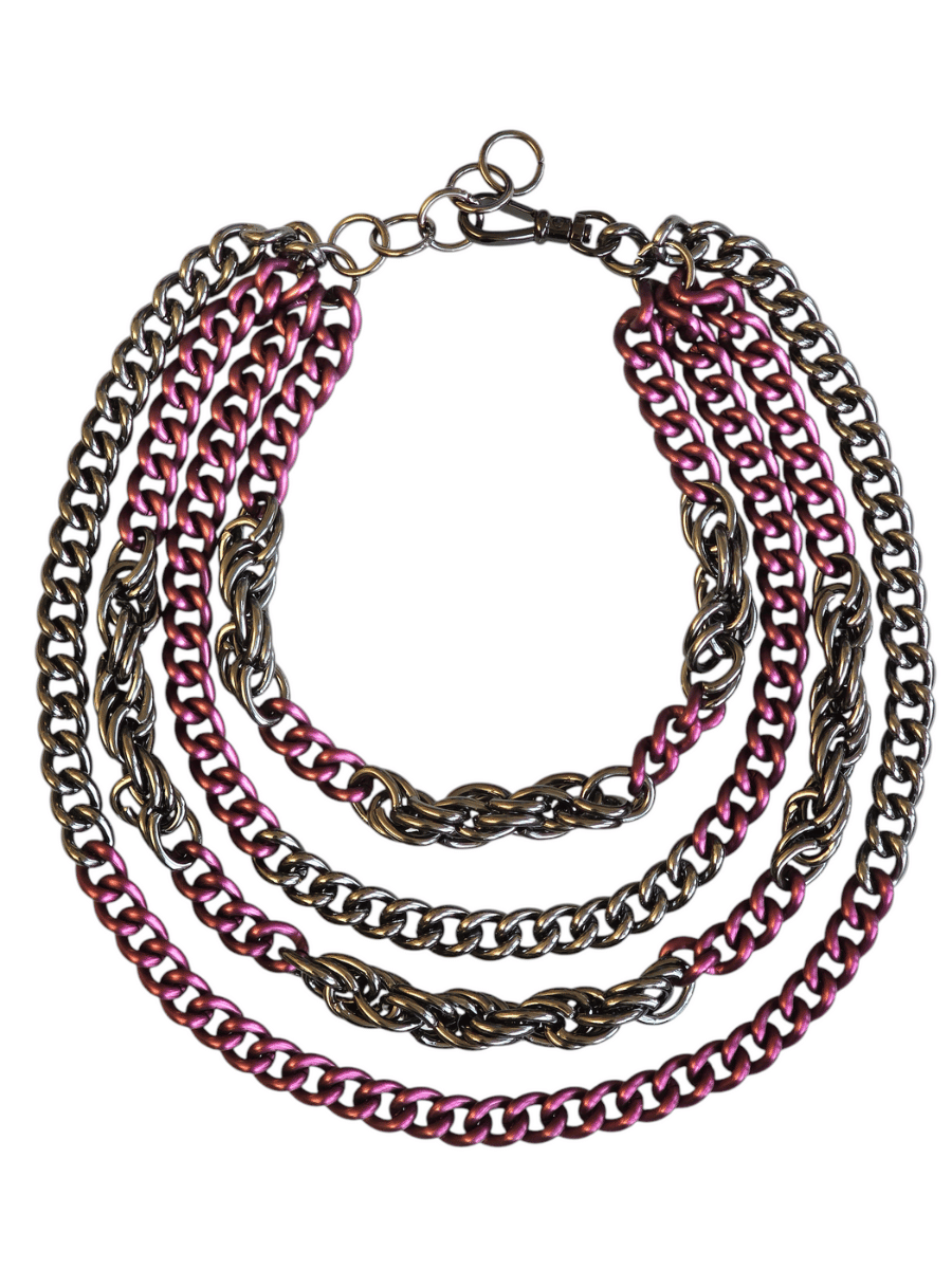 layered bib chain necklace purple and gunmetal