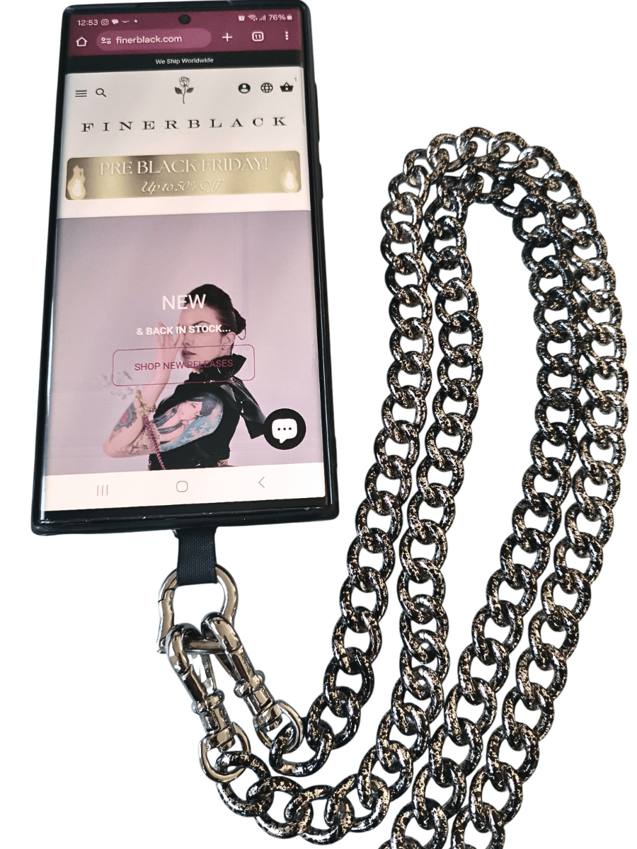 black and silver glitter phone chain with two snap hooks