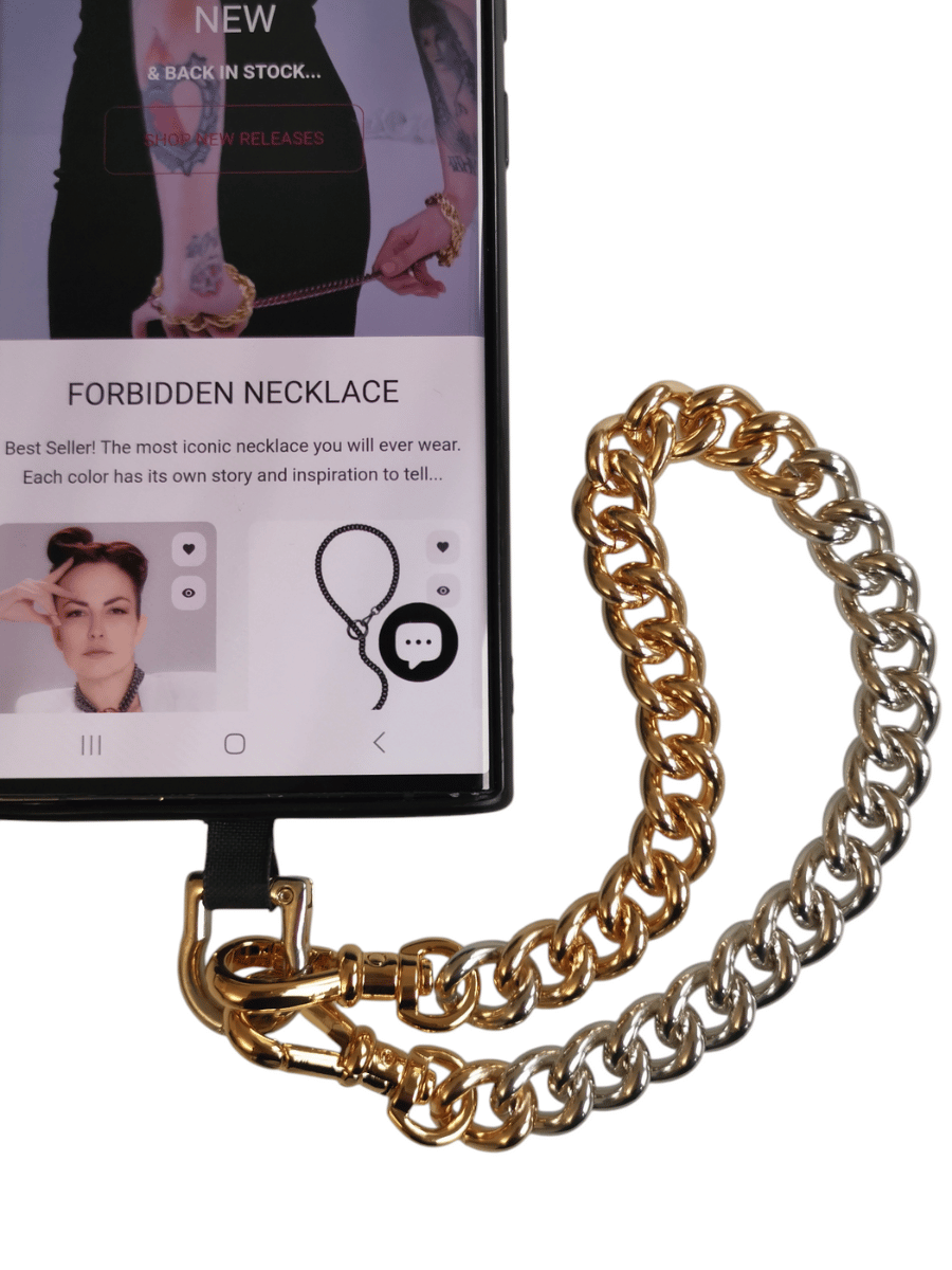 two toned charm  phone chain attached to mobile