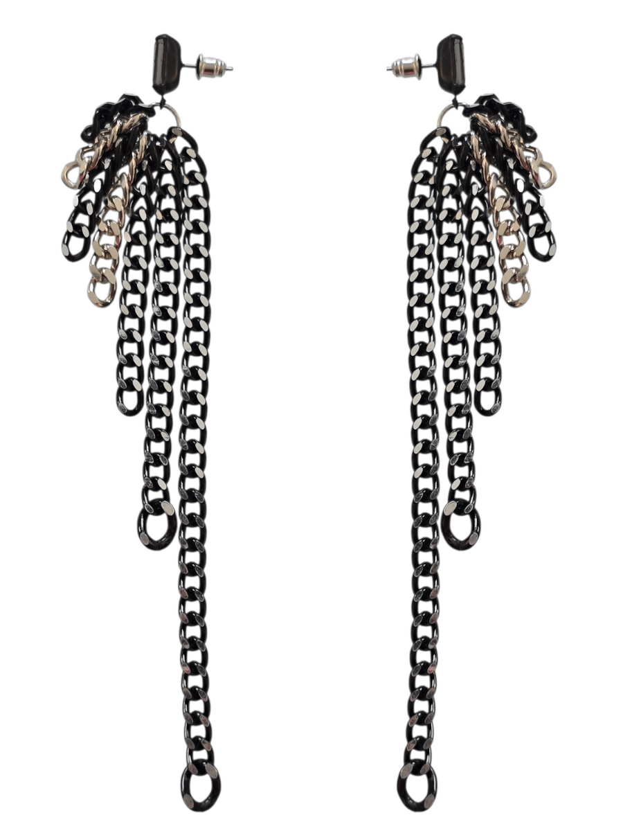 long statement black and silver fringed earrings attached to a dark crystal stud post