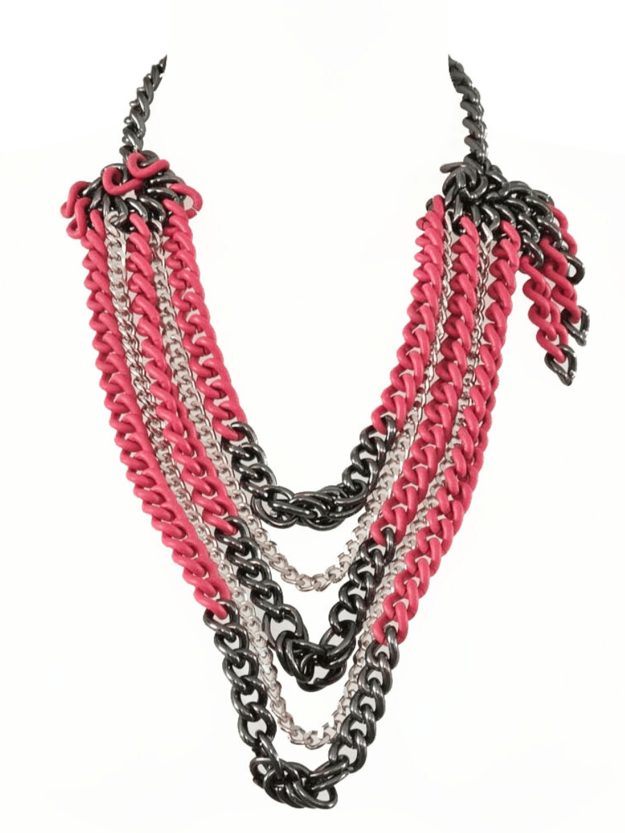 statement multistrand chain necklace in coral pink and silver 