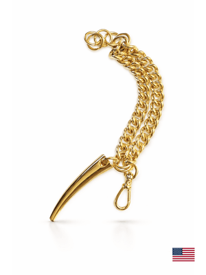 Gold chain bracelet with a claw-like pendant on a white background