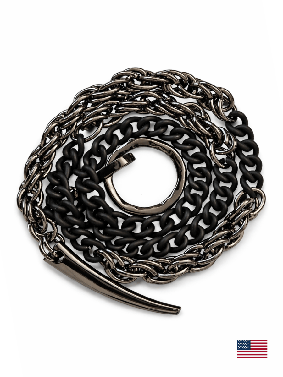 Black chain  necklace on a white background with an American flag icon in the corner.