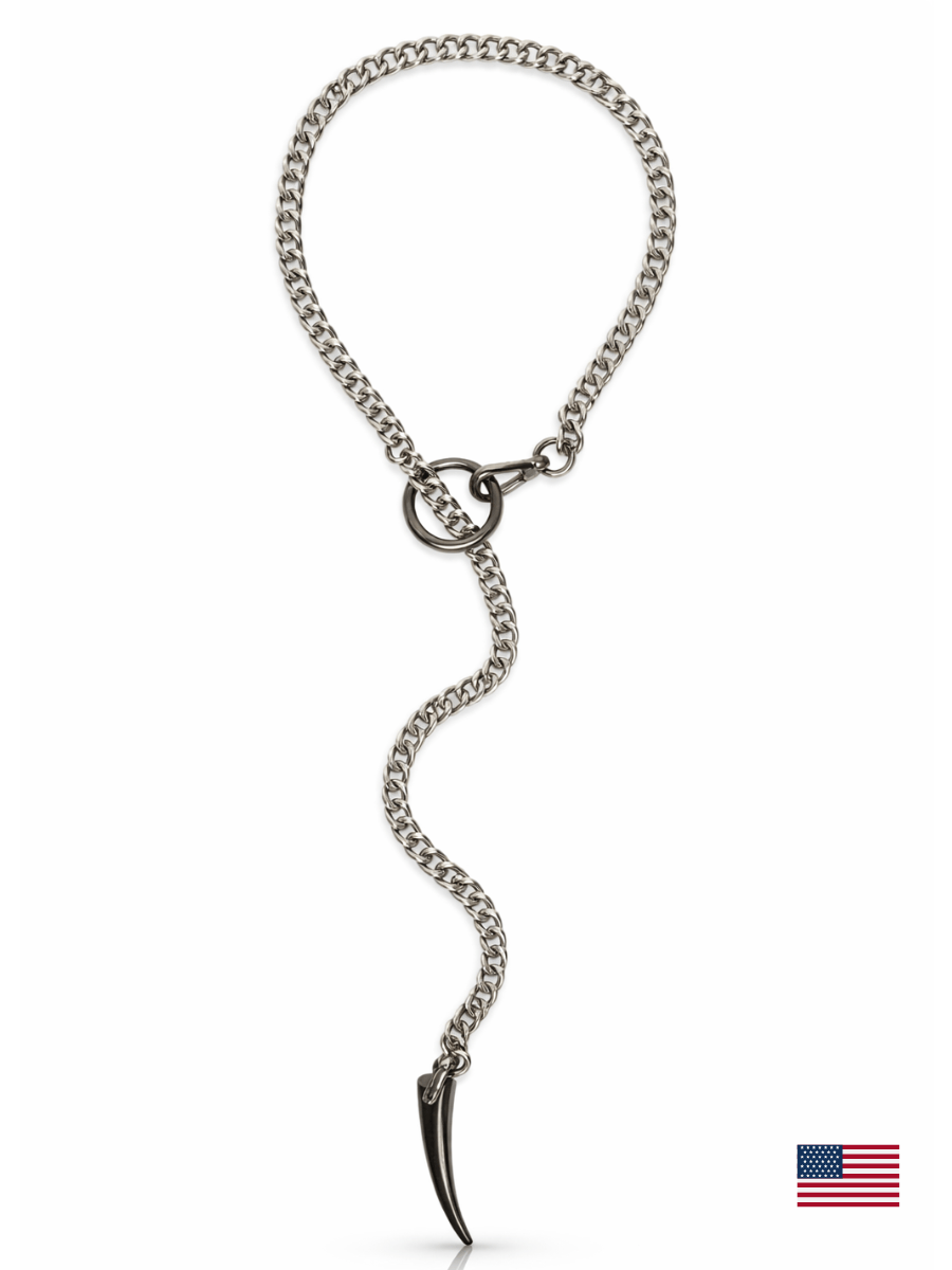 Silver chain necklace with a unique design on a white background