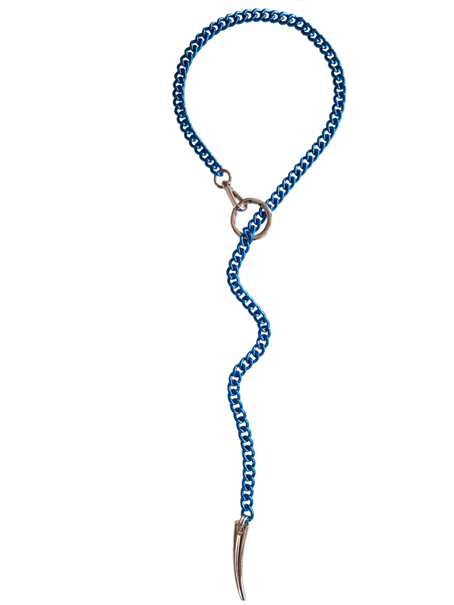 blue long chain necklace with oring and spike pendant