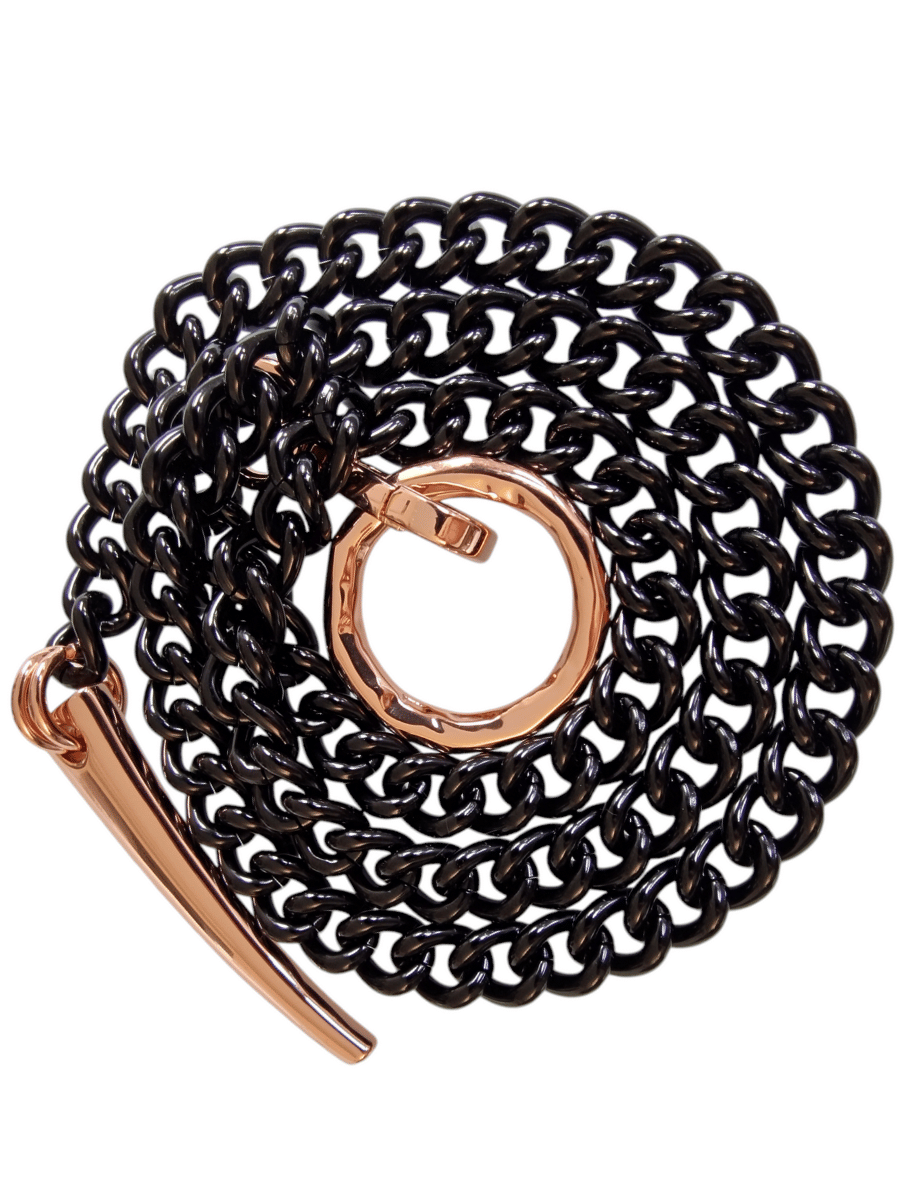 black gloss chain necklace with rose gold metal hardware spiral