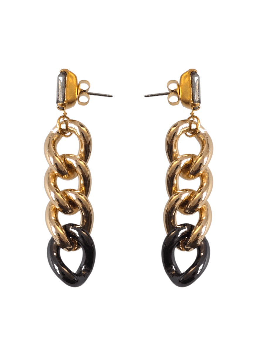 Gold and gunmetal chain link earrings on a white background