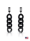 Black chain-link earrings with silver tops on a white background