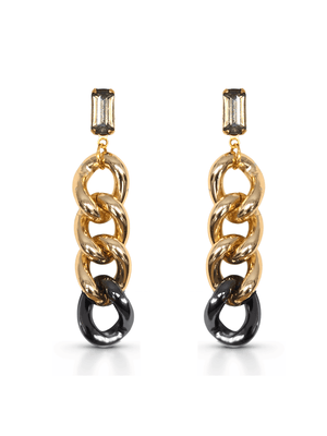 Gold and black chain-style stud crystal earrings on a white background