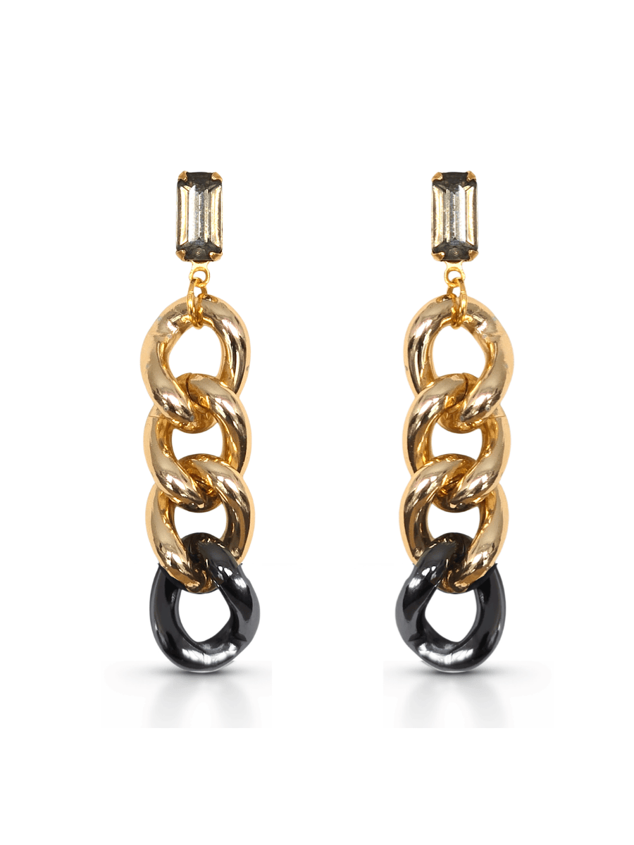Gold and black chain-style stud crystal earrings on a white background