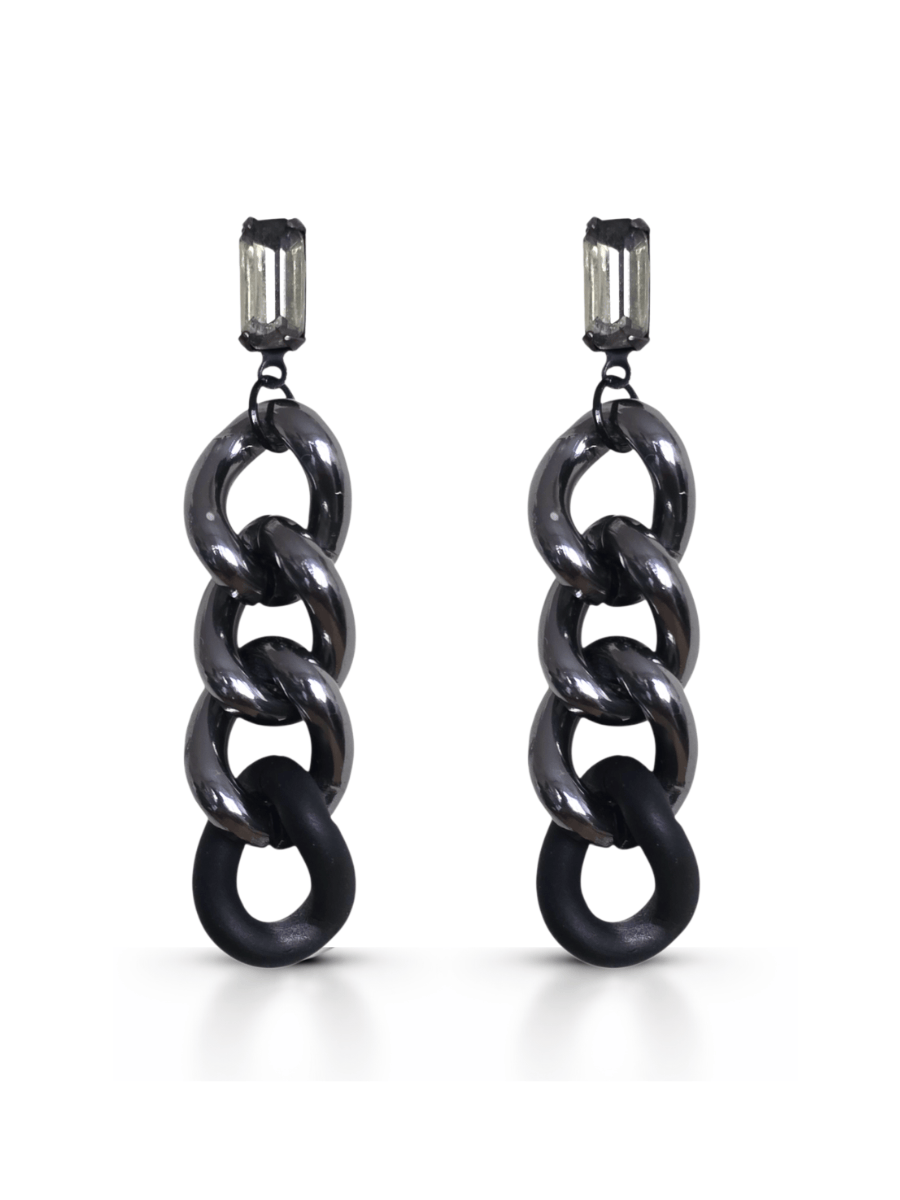 Black chain-link earrings with  crystal gemstones on a white background