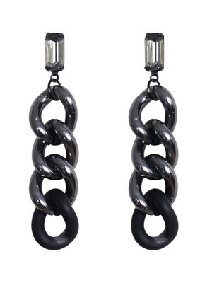 statement chain earrings with crystal studs posts in gunmetal black