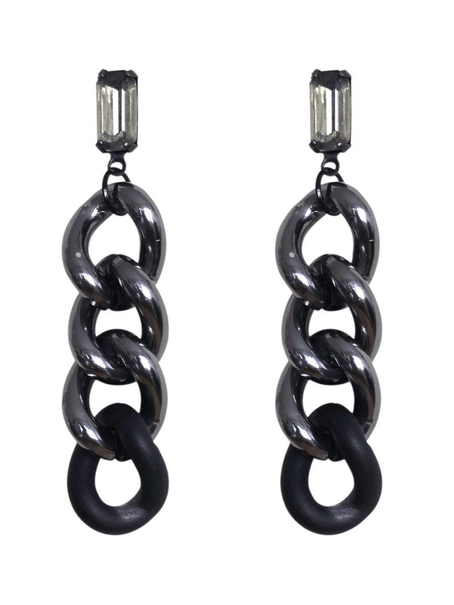 statement chain earrings with crystal studs posts in gunmetal black