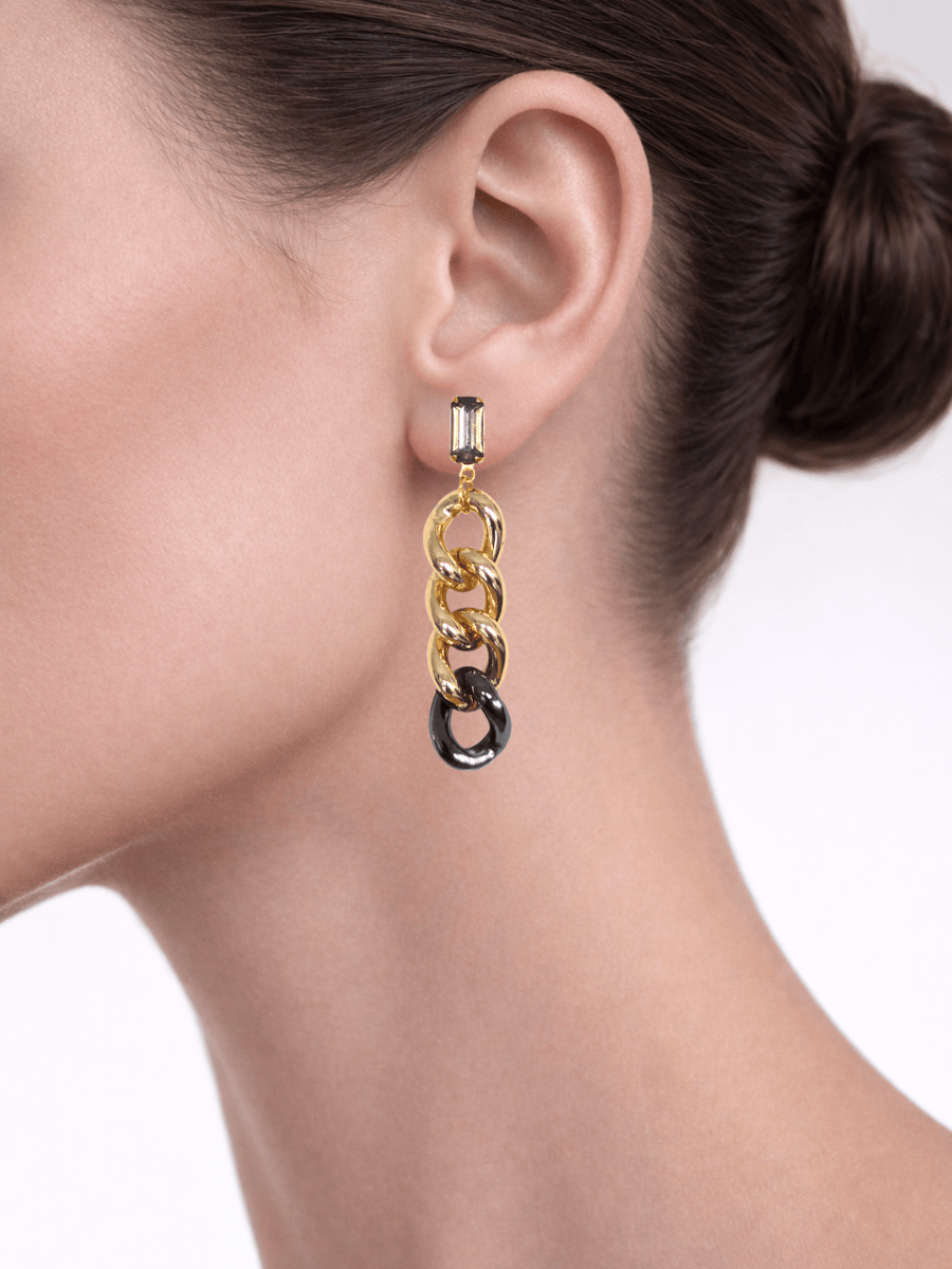 Gold chain earring on a model's ear against a neutral background