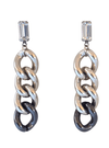 Pair of silver chain-link earrings with clear gemstones on a white background