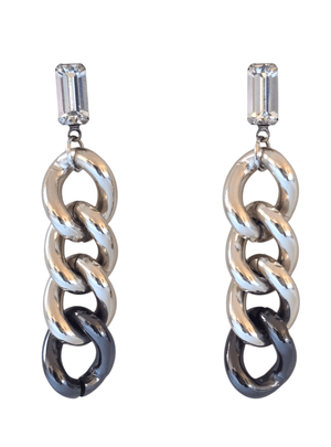 Pair of silver chain-link earrings with clear gemstones on a white background