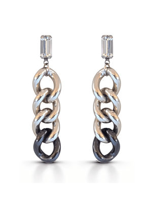 Pair of silver chain-link earrings on a white background