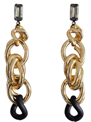 gold black twisted chain long earrings with crystal studs