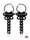 Black long chain dangle hoop earrings on a white background