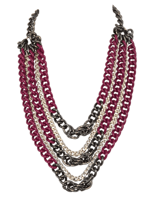 Multistrand necklace with aubergine  and silver gunmetal  chains on a white background