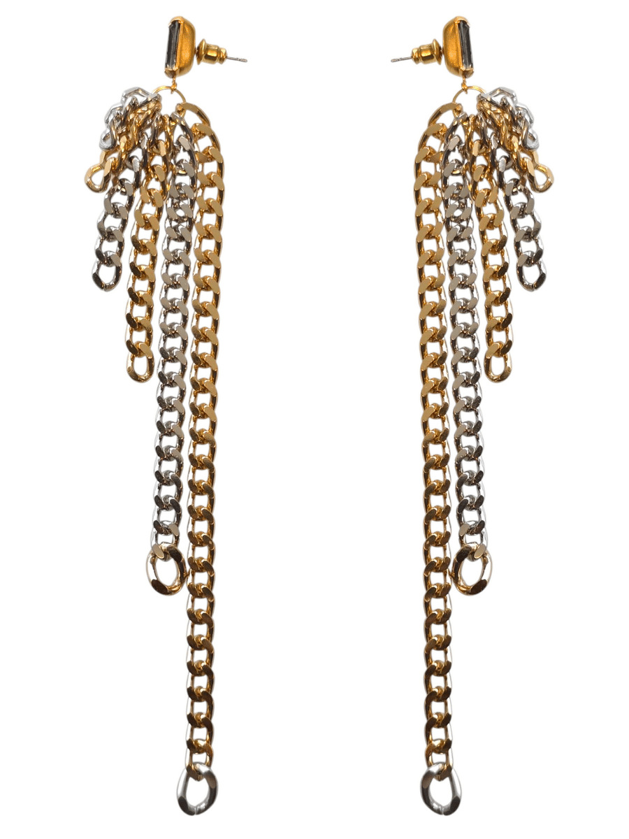 long statement chain earrings attached to a dark crystal stud 