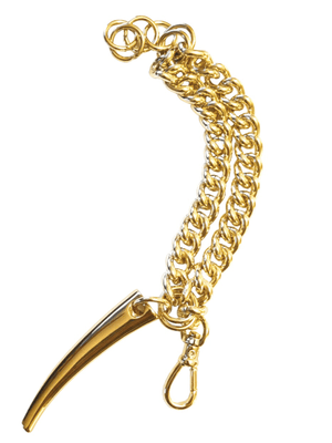 A gold-colored two-layer chain bracelet with an hanging metal claw pendant, against a white background.