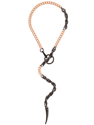 powder pink and gunmetal long chain necklace with claw pendant