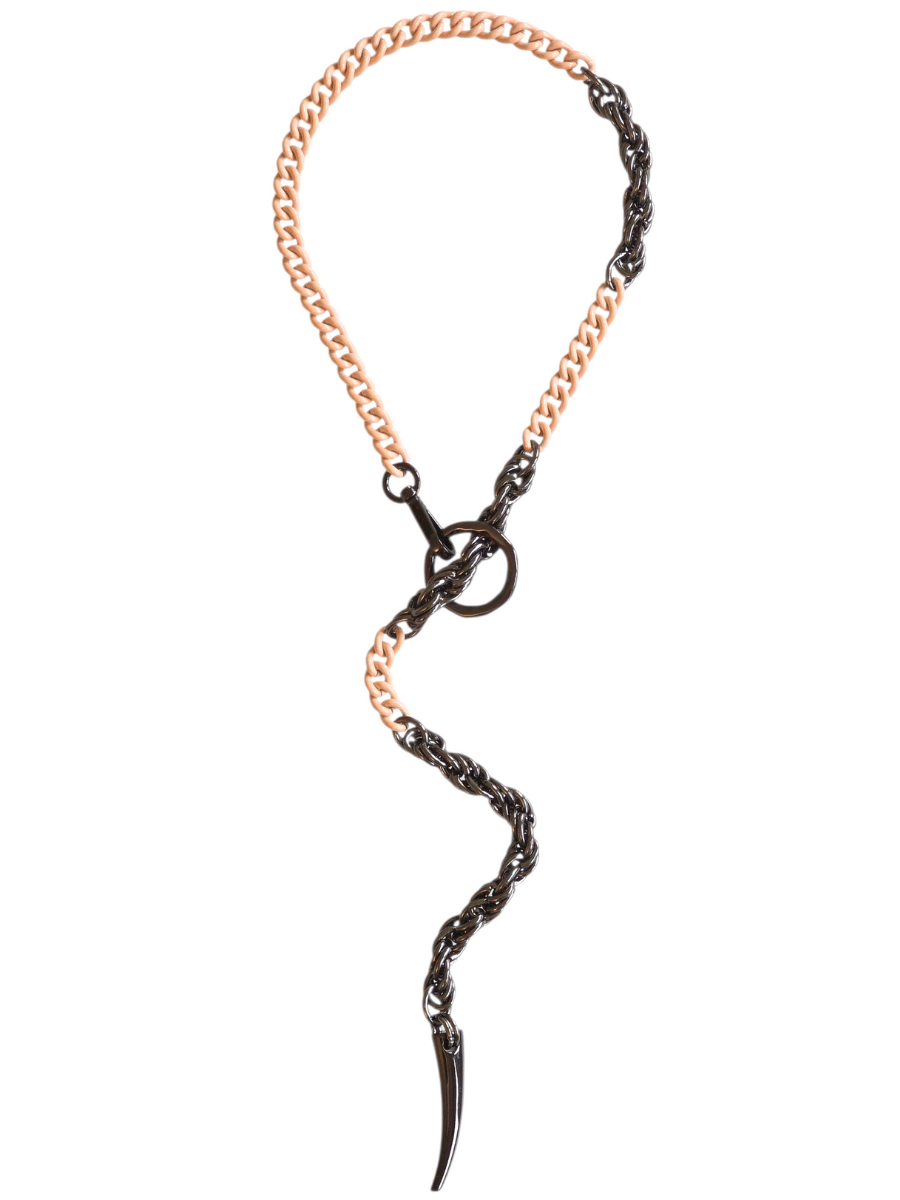 powder pink and gunmetal long chain necklace with claw pendant