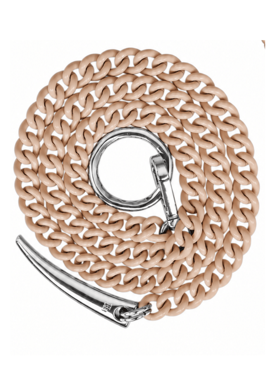 A coiled beige chain belt with a silver-toned metal buckle and tip, displayed on a clean white background.