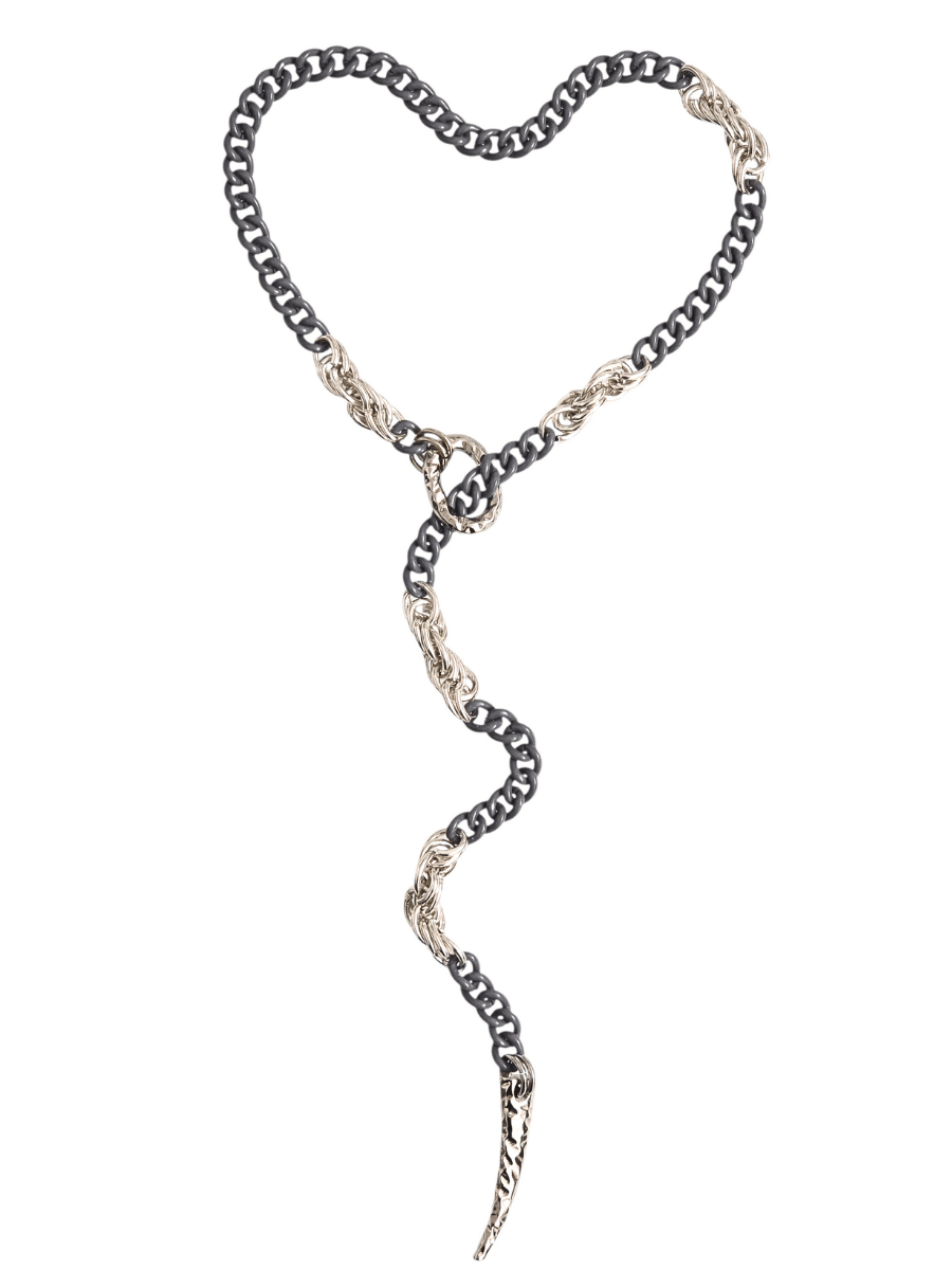 long avantgarde chunky grey silver necklace on white background