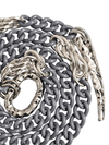 detail of silver grey  chain necklace with ahmmered ring and claw pendant