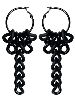 Black hoop earrings with chain-like dangling elements on a white background