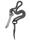 black avantgarde chain belt with O ring and pendant horn on white background
