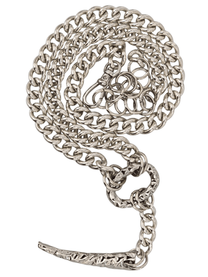 silver avant garde chain belöt with oval ring and horn pendant on white backrgound