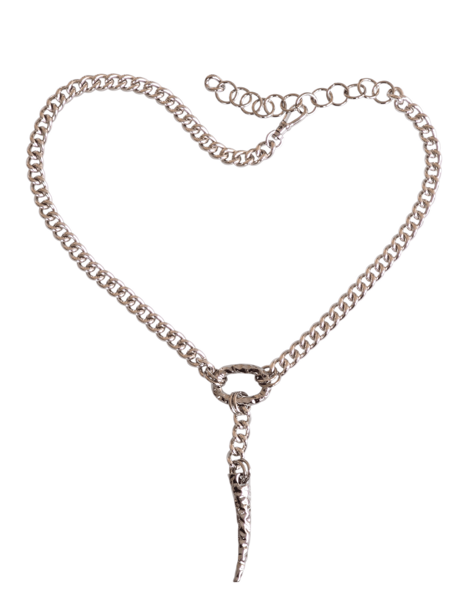 silver statement chain Y belt with ring and claw on white background