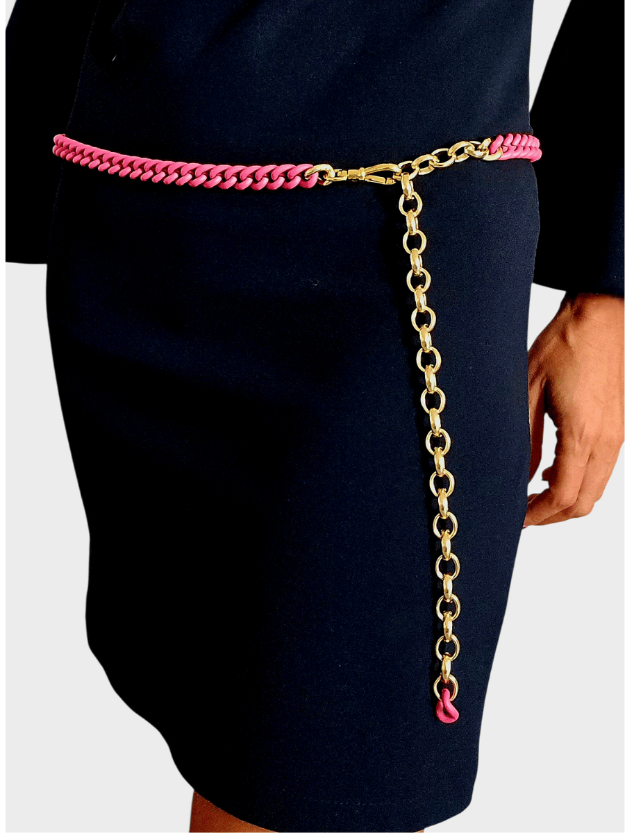 pink chain belt with gold details