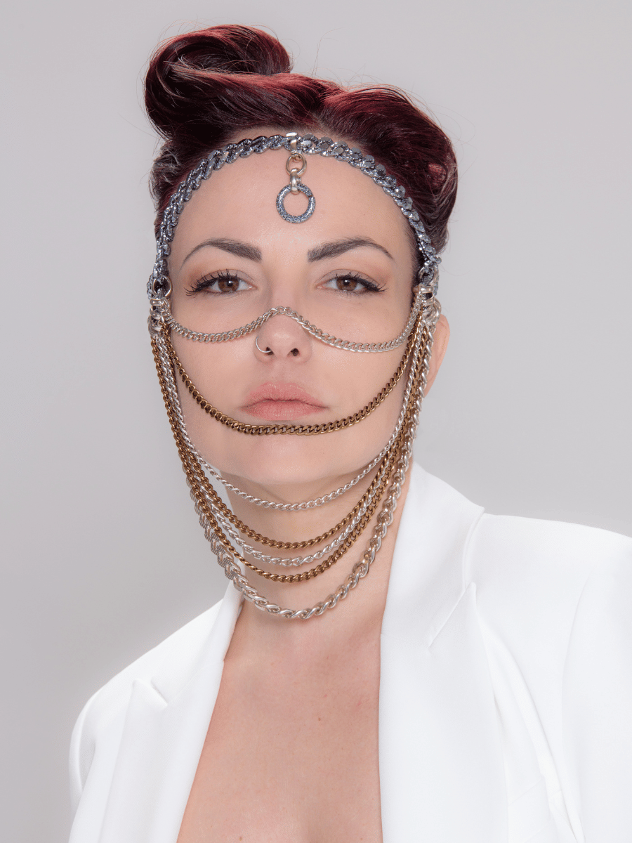 sci fi face veil mask designed with hanging chains