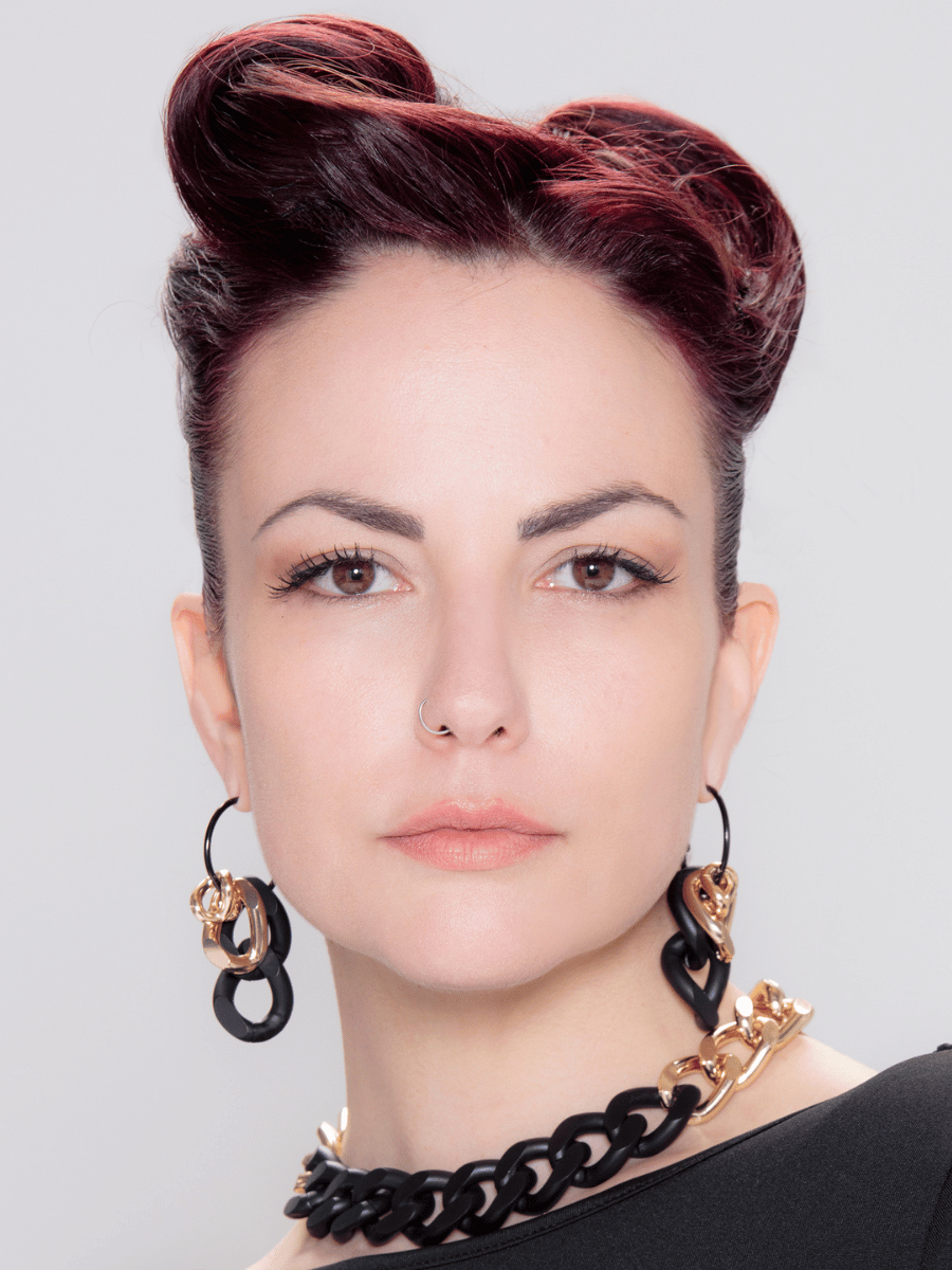 long black chain statement hoop earrings on model
