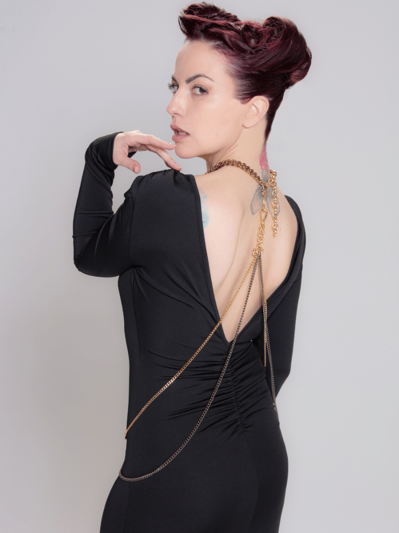 bronze gold back body chain deep v